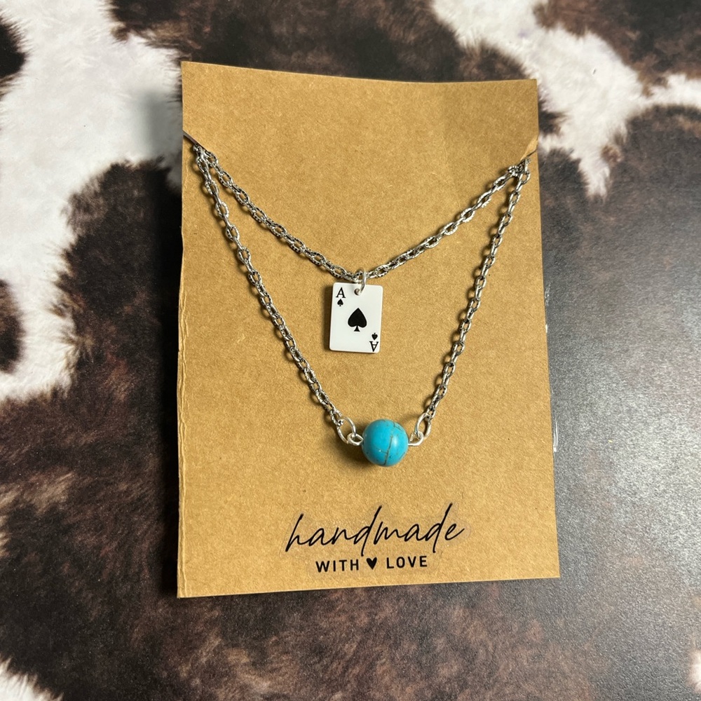 Double Layer Silver Necklace with Blue Bead and Ace Pendant